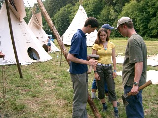 Iain, Amanda, Sam and Ryan help build tepees to sleep in at the Czech camp Lipova